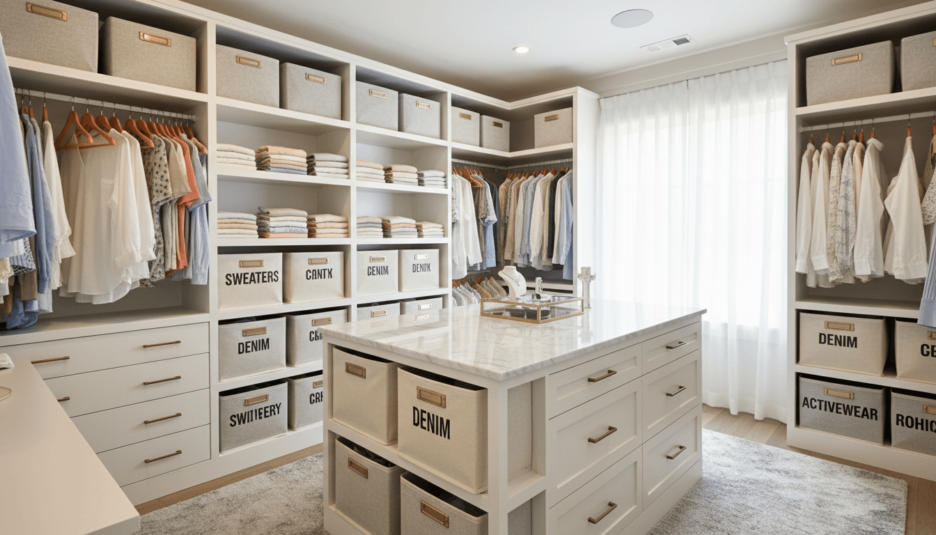Neatly organized closet with folded clothes and labeled storage bins