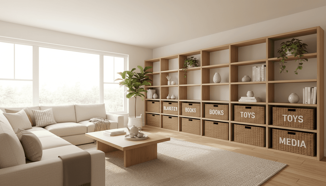 Neatly organized living room with clear shelves and labeled storage boxes