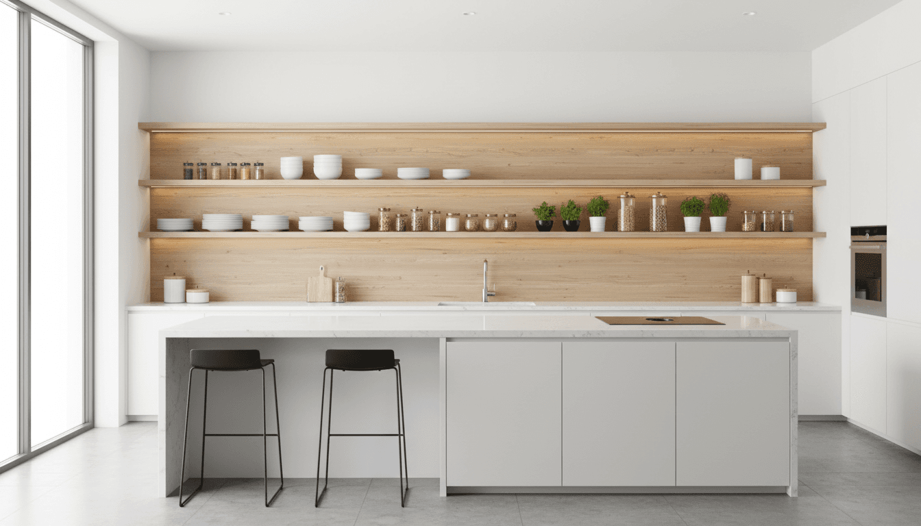 Bright modern kitchen with organized open shelving