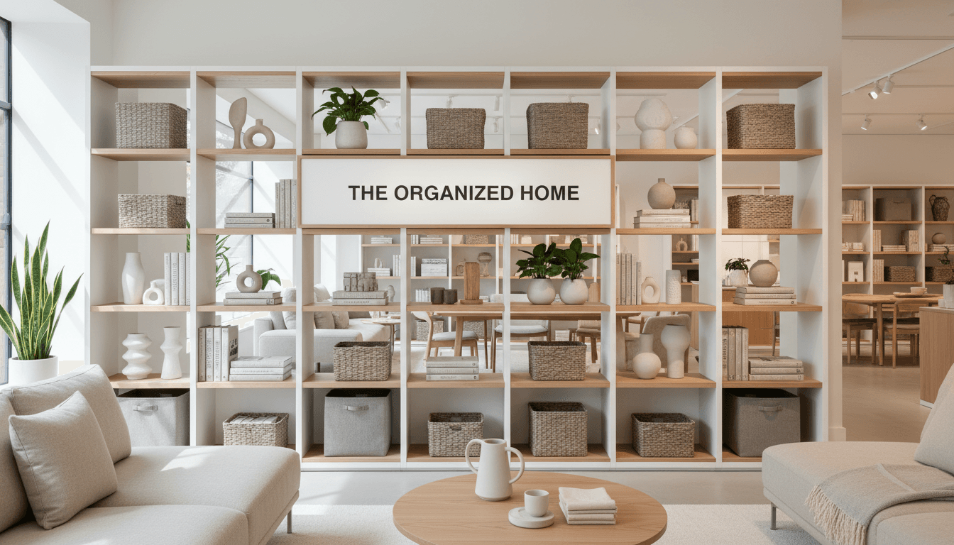 Bright living room with neatly organized shelves and storage baskets