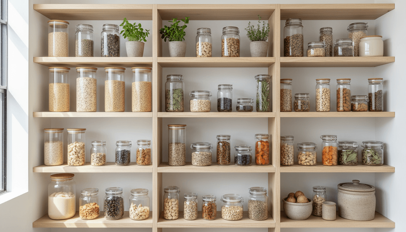 Pantry shelves with clear containers and tidy rows
