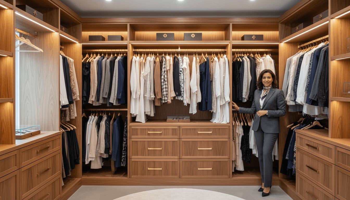 Walk-in closet with folded clothes and labeled baskets