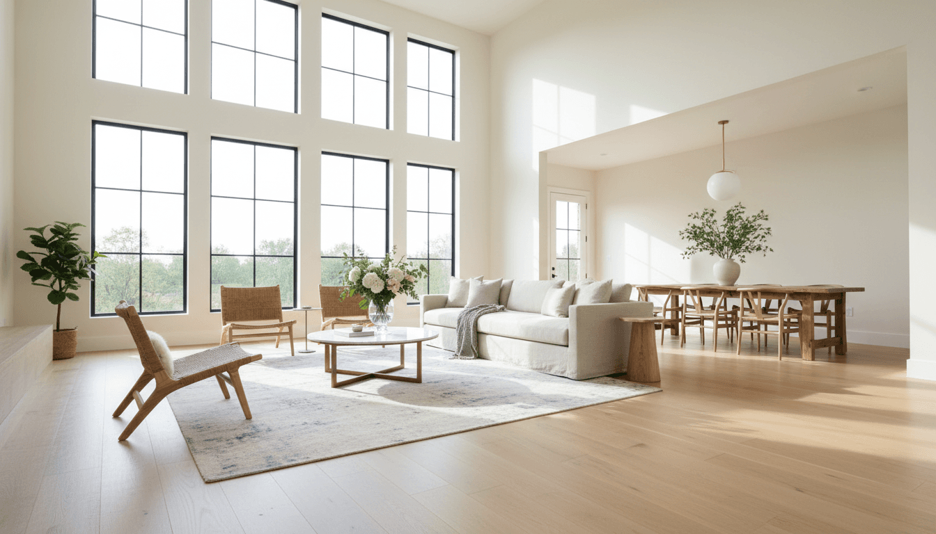 Bright organized living room with neat shelving and natural light