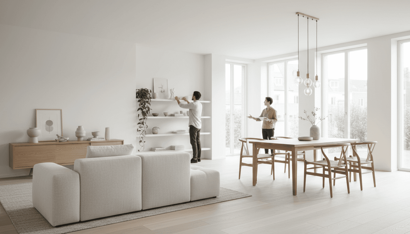 Neat shelves with baskets and tidy living room in natural light