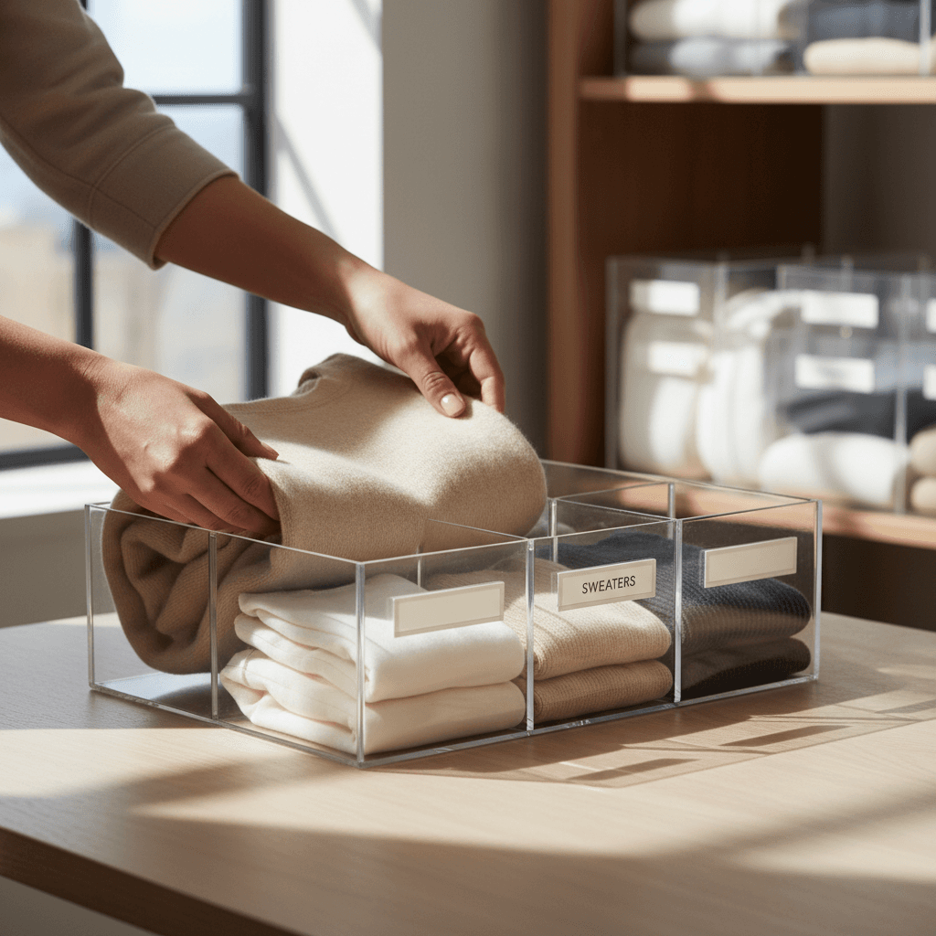 Neatly organized closet shelves with folded clothes and storage bins in a bright, modern home