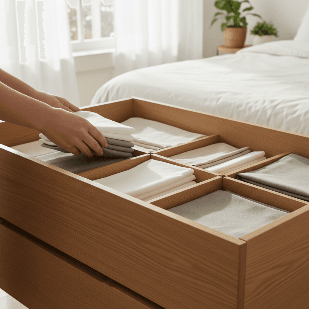 Bedroom with clean surfaces and drawer organizer