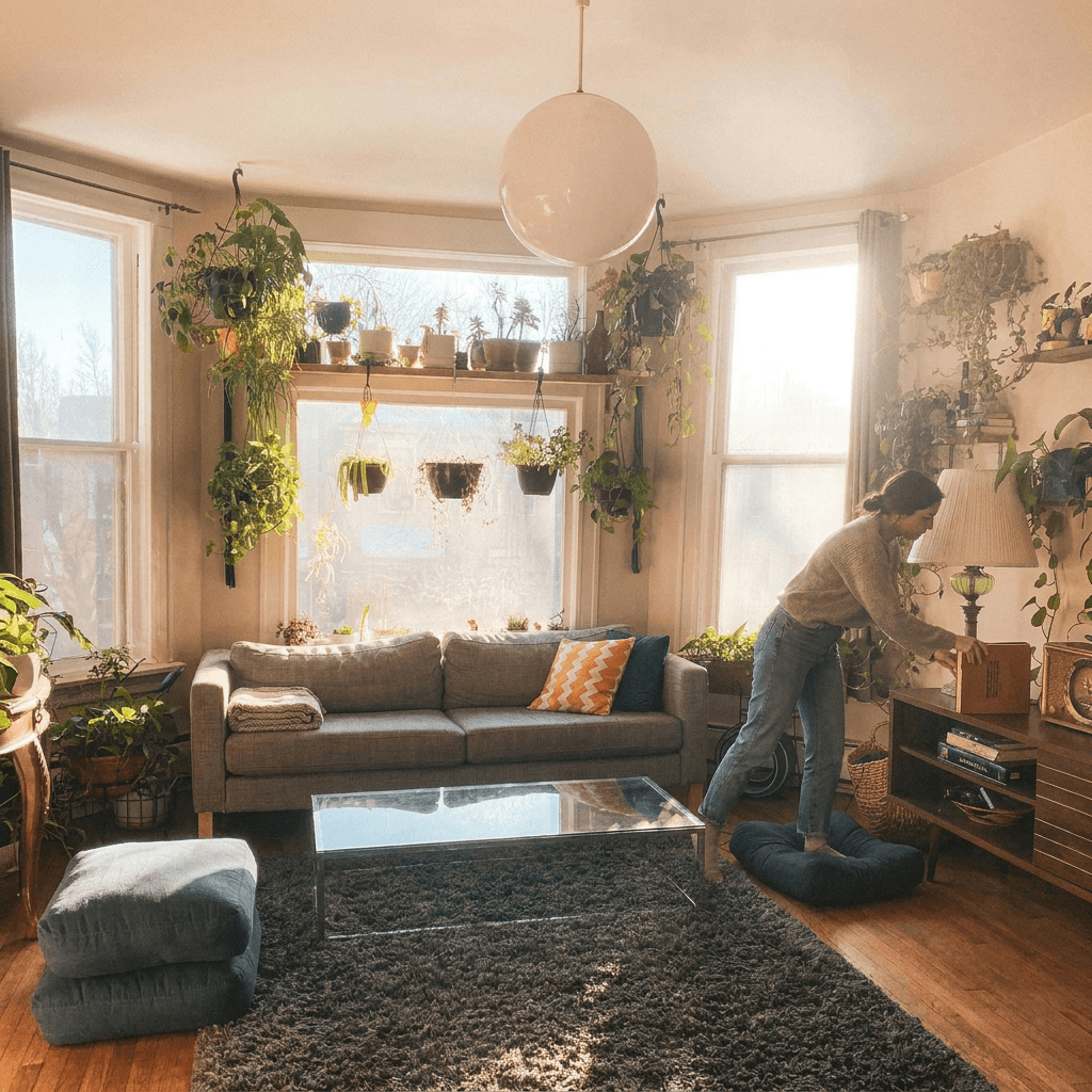 Tidy bright living room with neatly organized shelves and baskets