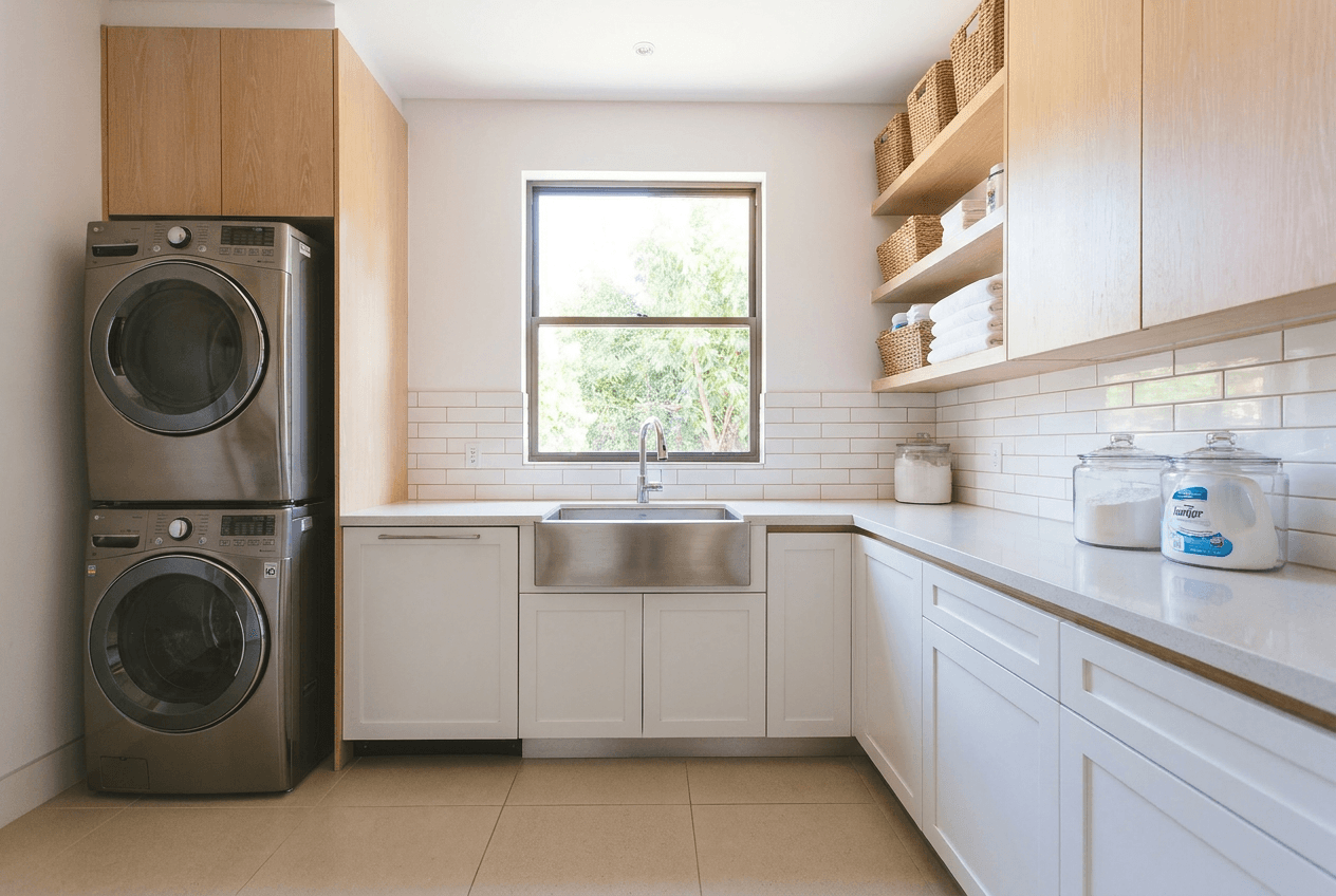 Laundry room with labeled shelves and stacked baskets